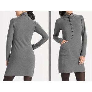 Nau Kanab Dress Womens Medium Black White Striped Button Funnel Neck Pocket